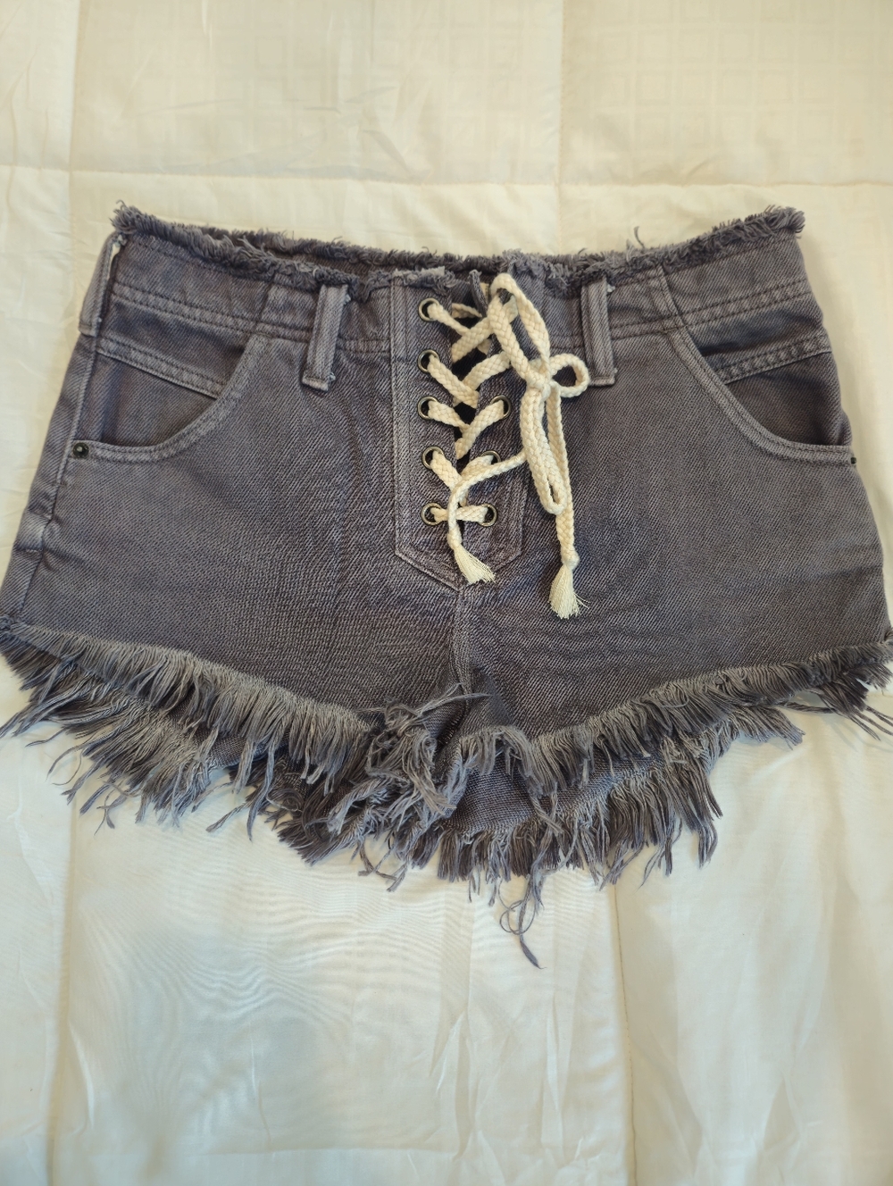 We The Free Lace Up Denim Shorts Frayed Hem Gray Size 26 Boho Festival
